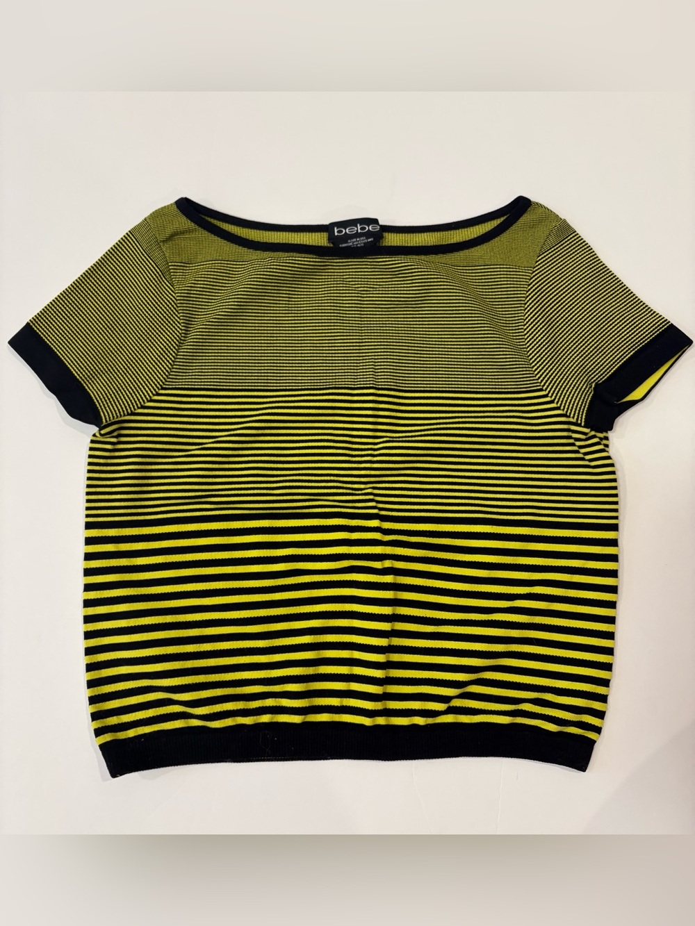 bebe Black & Yellow Striped Short Sleeve Crop Top M/L